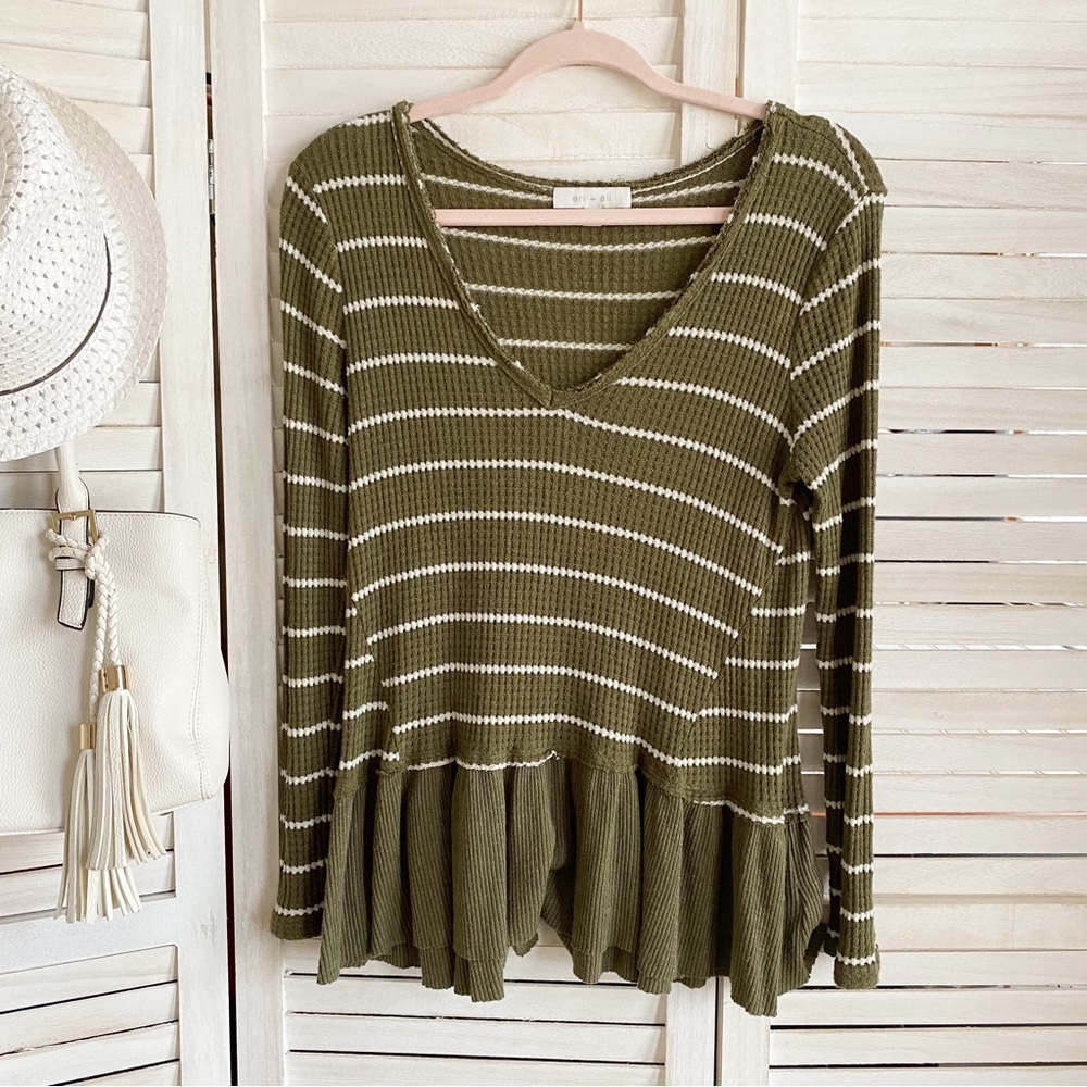 Anthropologie eri + ali V-Neck Striped Green Ruffled Waffled Knit - S
